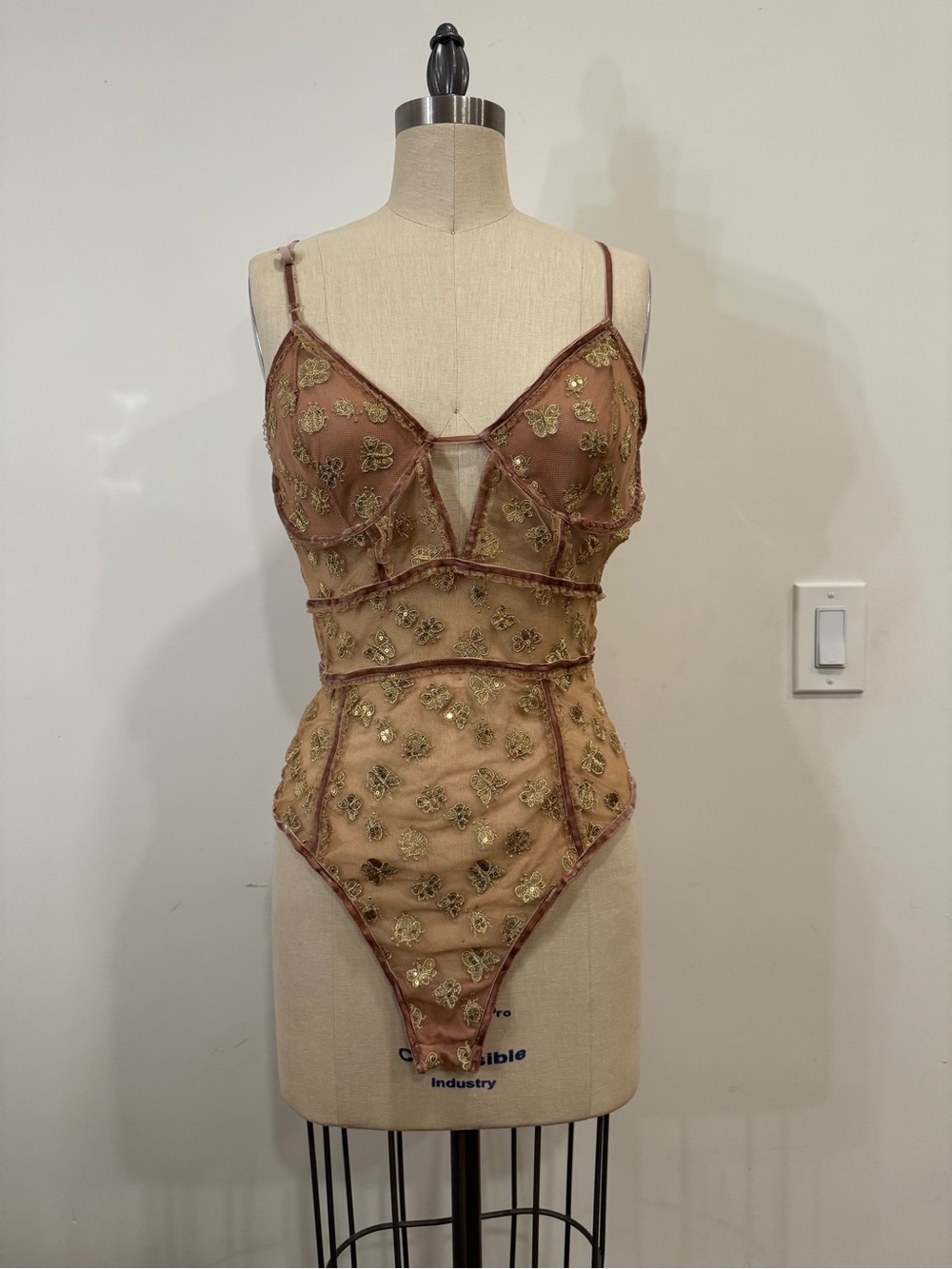 For Love & Lemons Sheer Embroidered Bodysuit in Nude and Gold